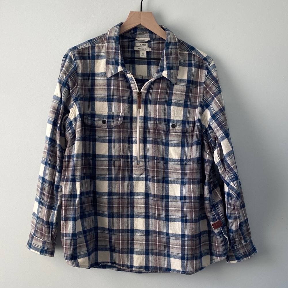 L.L. Bean Blue, Brown & Cream Plaid Button-Down Shirt